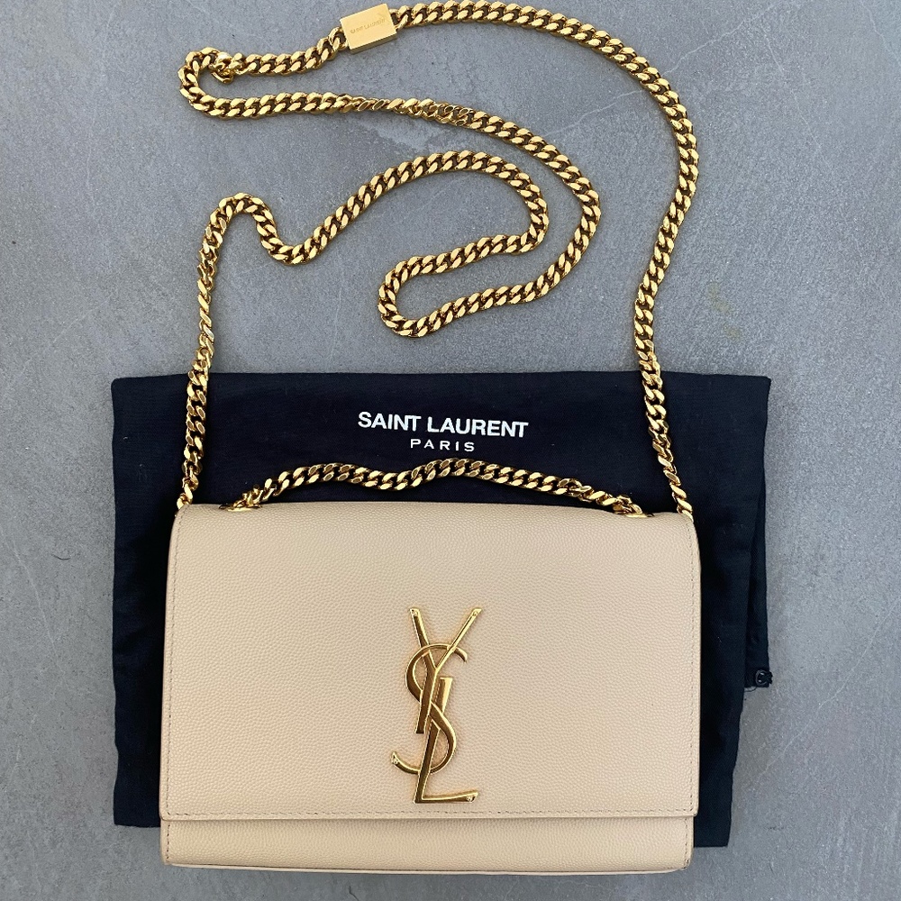 Kate Small YSL Monogram Crossbody Bag on Chain Beige leather